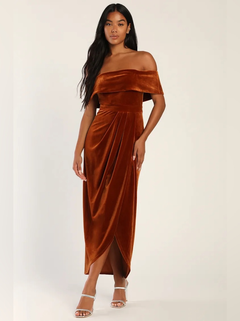 Lulu's Women’s size M- One-Shoulder Velvet Midi Dress in Rust